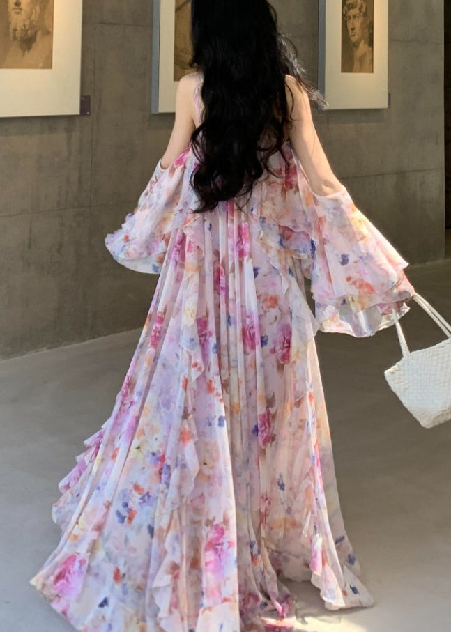 Pink Print Chiffon Holiday Dress Backless Exra Large Hem Summer