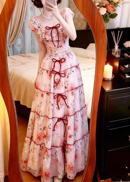 Pink Print Chiffon Vacation Dresses Exra Large Hem Summer