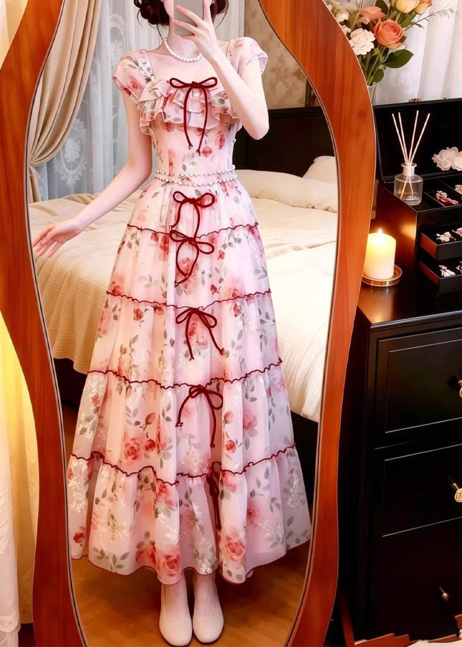 Pink Print Chiffon Vacation Dresses Exra Large Hem Summer