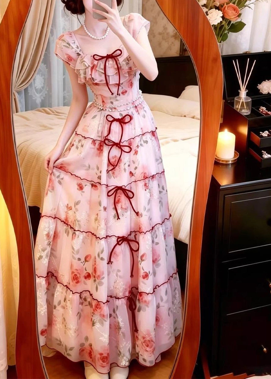 Pink Print Chiffon Vacation Dresses Exra Large Hem Summer