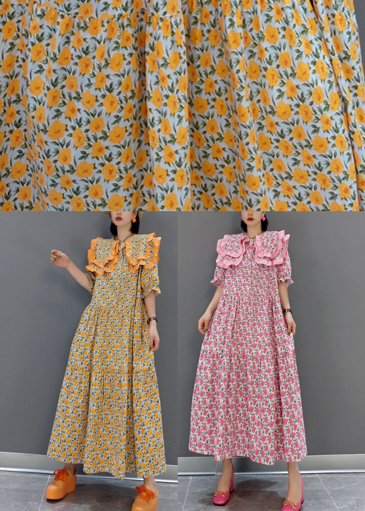 Rosa Print Patchwork Baumwolle Maxikleider Halbarm