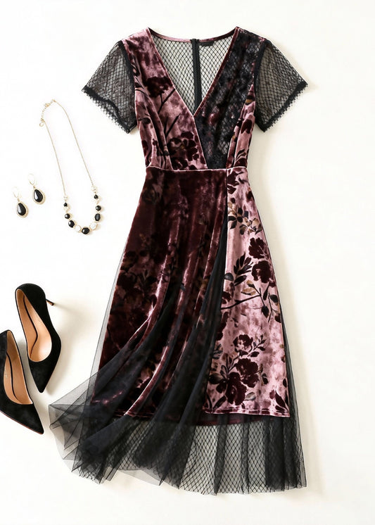 Pink Print Tulle Patchwork Silk Velvet Dress V Neck Summer