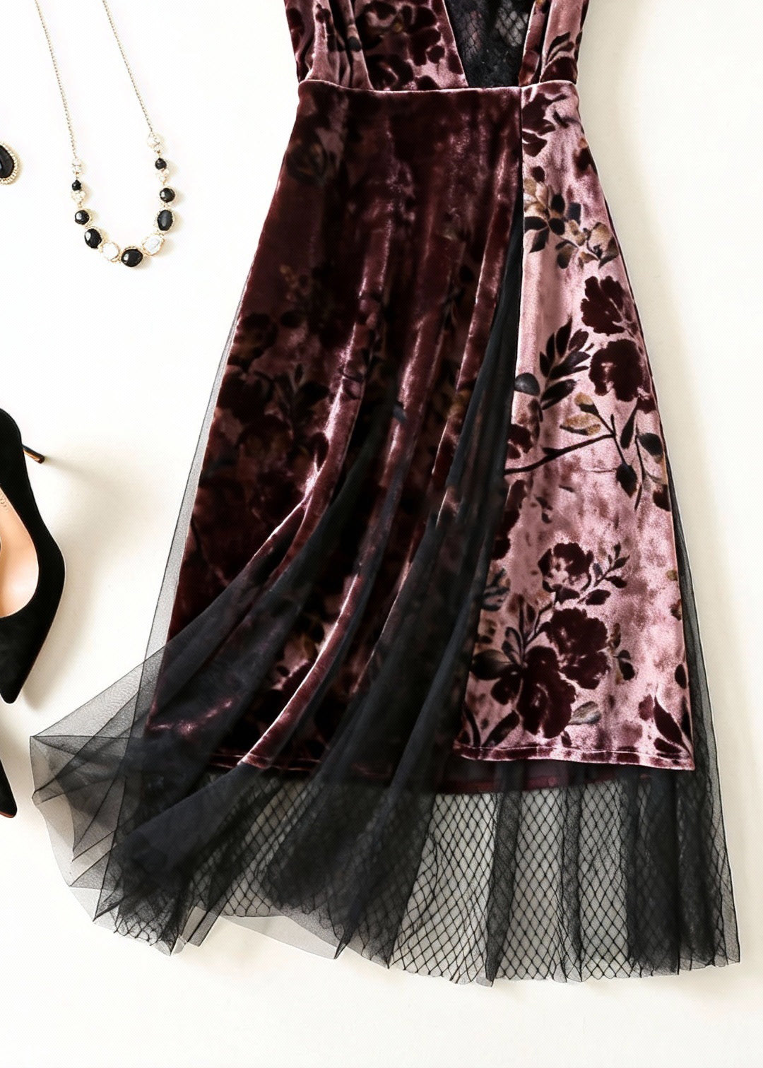 Pink Print Tulle Patchwork Silk Velvet Dress V Neck Summer