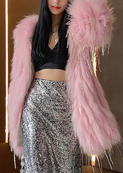 Rosa Kunstpelz Kragen Knopf Leder und Pelz lange Mäntel Winter