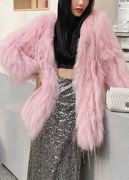 Rosa Kunstpelz Kragen Knopf Leder und Pelz lange Mäntel Winter