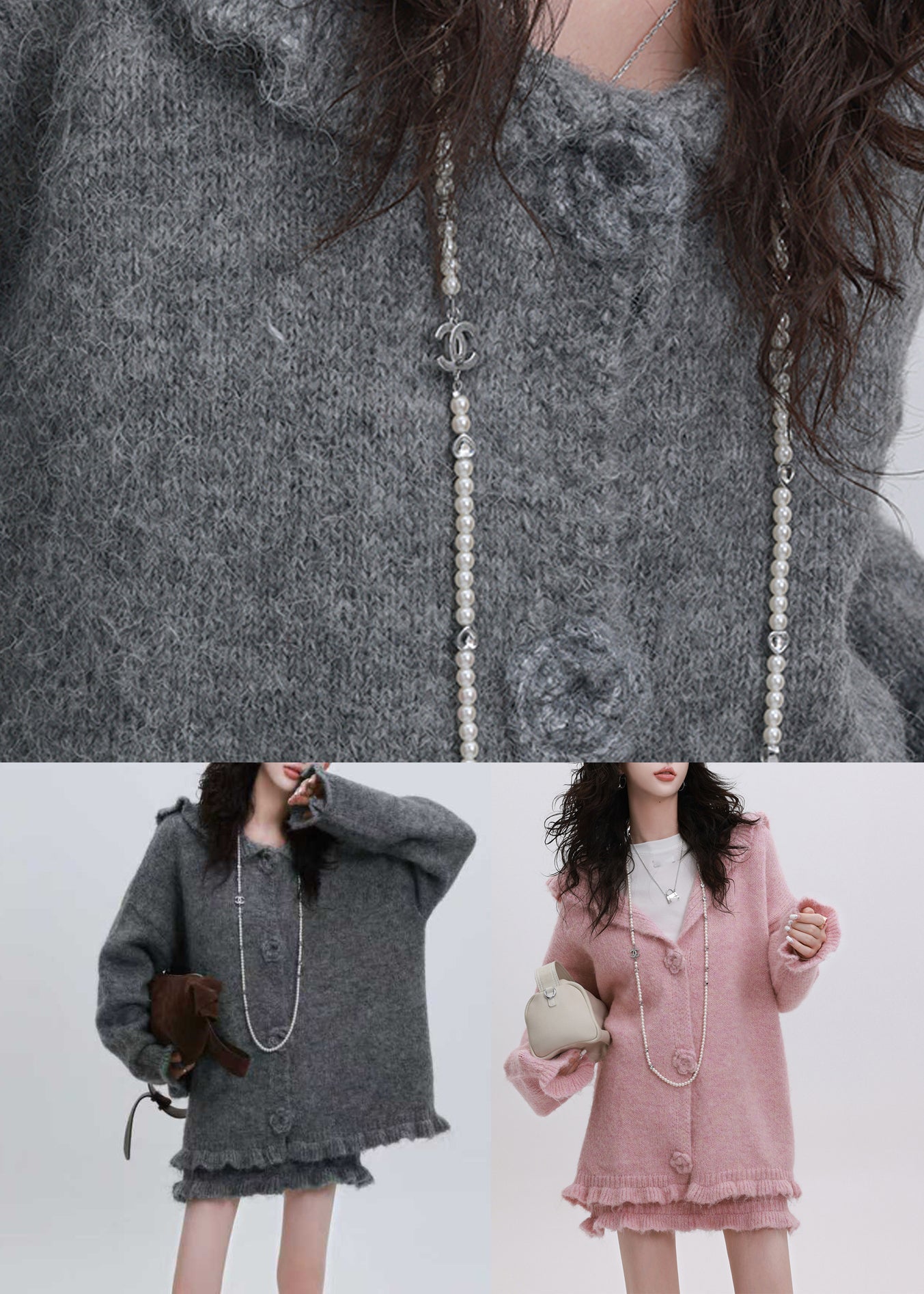 Conjunto de dos piezas de cárdigan con capucha y falda de punto de algodón con volantes rosas y patchwork para primavera.