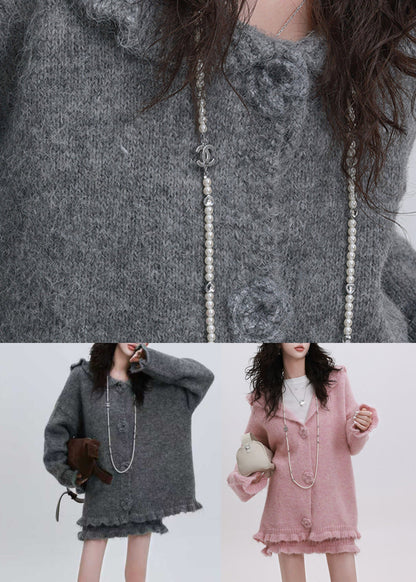 Conjunto de dos piezas de cárdigan con capucha y falda de punto de algodón con volantes rosas y patchwork para primavera.