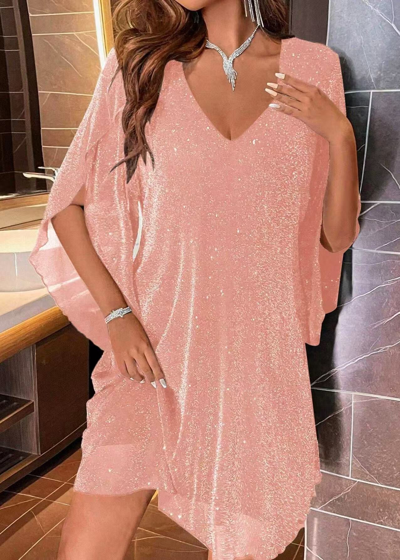 Pink Sequins Mini Dress V Neck Cloak Sleeves