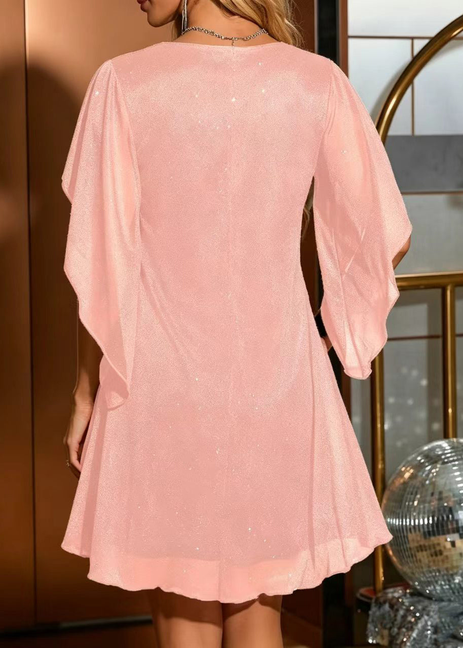 Pink Sequins Mini Dress V Neck Cloak Sleeves