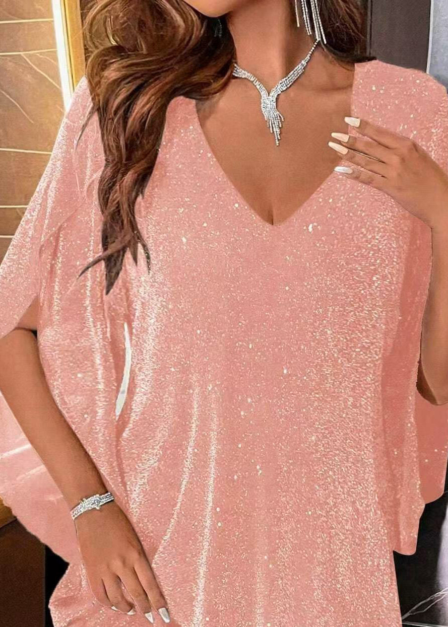 Pink Sequins Mini Dress V Neck Cloak Sleeves