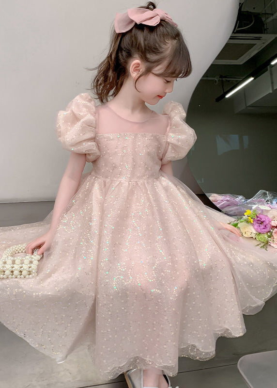 Pink Sequins Tulle Baby Girls Party Dress Puff Sleeve Summer