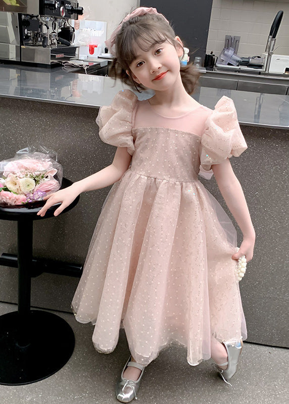 Pink Sequins Tulle Baby Girls Party Dress Puff Sleeve Summer