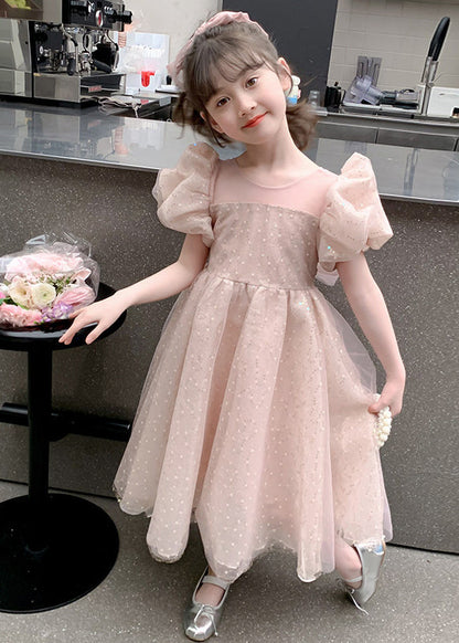 Pink Sequins Tulle Baby Girls Party Dress Puff Sleeve Summer