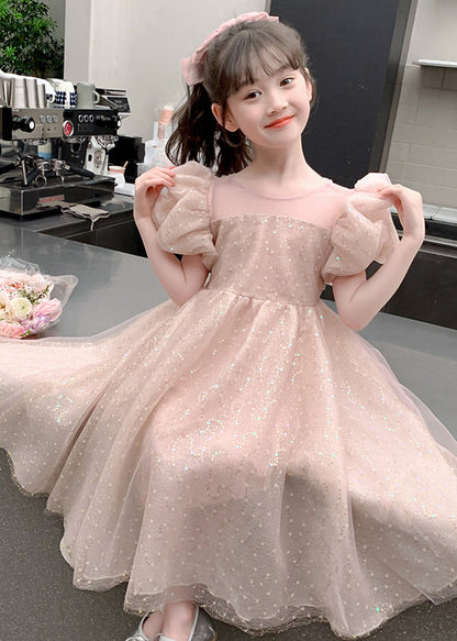 Pink Sequins Tulle Baby Girls Party Dress Puff Sleeve Summer