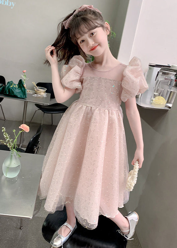 Pink Sequins Tulle Baby Girls Party Dress Puff Sleeve Summer