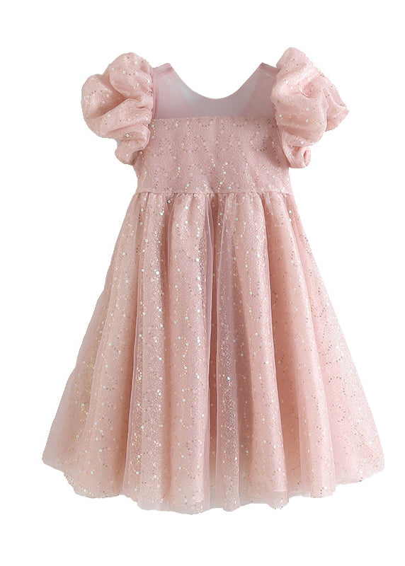 Pink Sequins Tulle Baby Girls Party Dress Puff Sleeve Summer