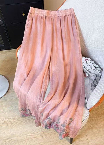 Pink Silk Casual Pants Embroidered Elastic Waist Summer