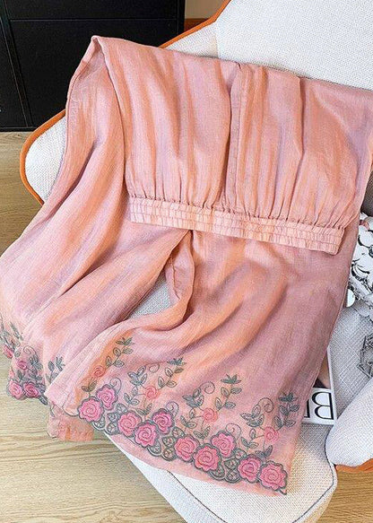 Pink Silk Casual Pants Embroidered Elastic Waist Summer