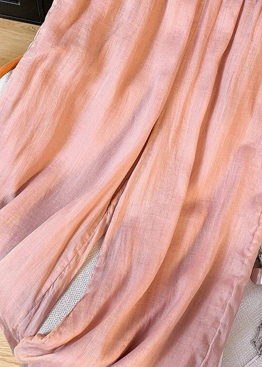 Pink Silk Casual Pants Embroidered Elastic Waist Summer