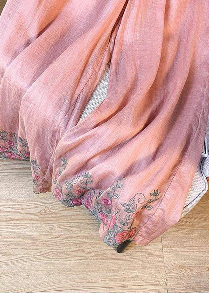 Pink Silk Casual Pants Embroidered Elastic Waist Summer