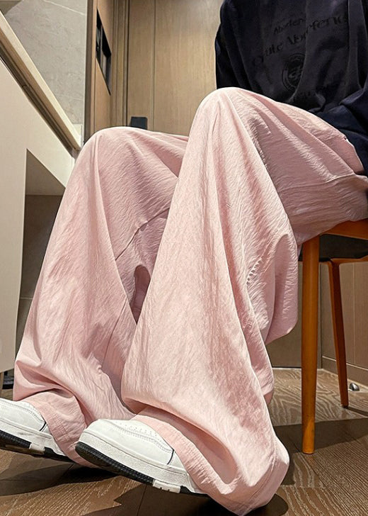 Pink Solid Ice Silk Summer Mens Wide Leg Pants Elastic Waist
