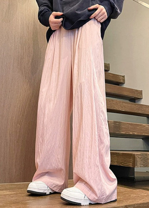 Pink Solid Ice Silk Summer Mens Wide Leg Pants Elastic Waist