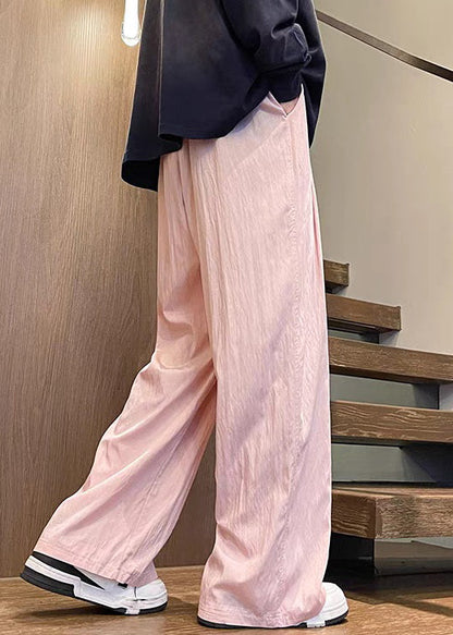 Pink Solid Ice Silk Summer Mens Wide Leg Pants Elastic Waist