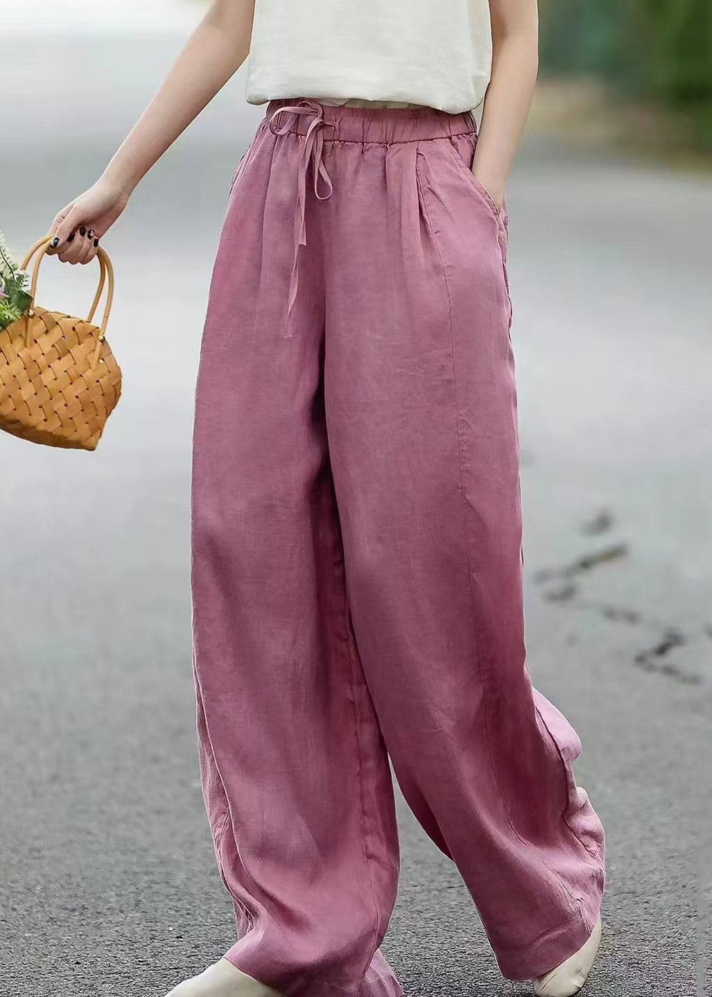 Pink Solid Linen Summer Straight Pants Elastic Waist