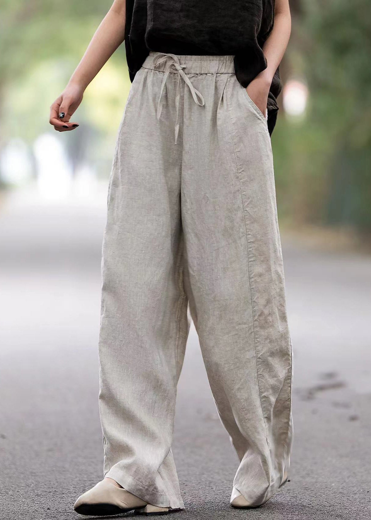 Pink Solid Linen Summer Straight Pants Elastic Waist