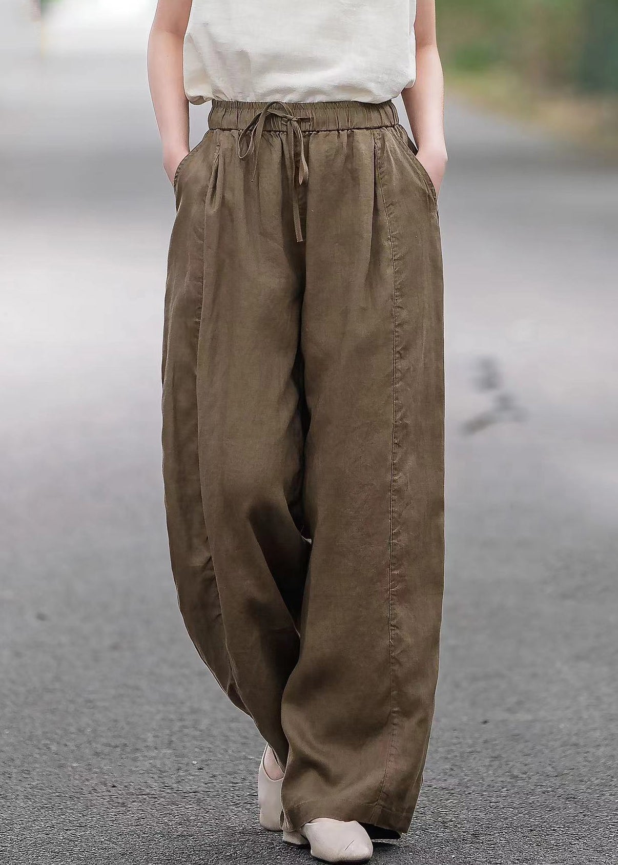 Pink Solid Linen Summer Straight Pants Elastic Waist