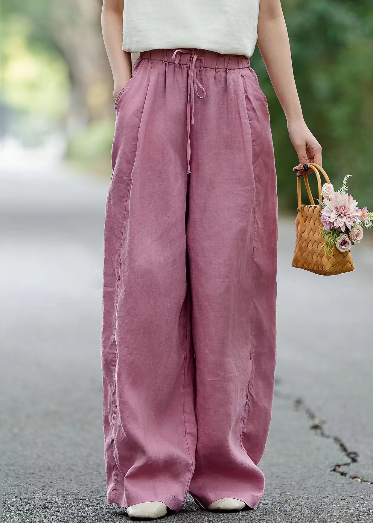Pink Solid Linen Summer Straight Pants Elastic Waist