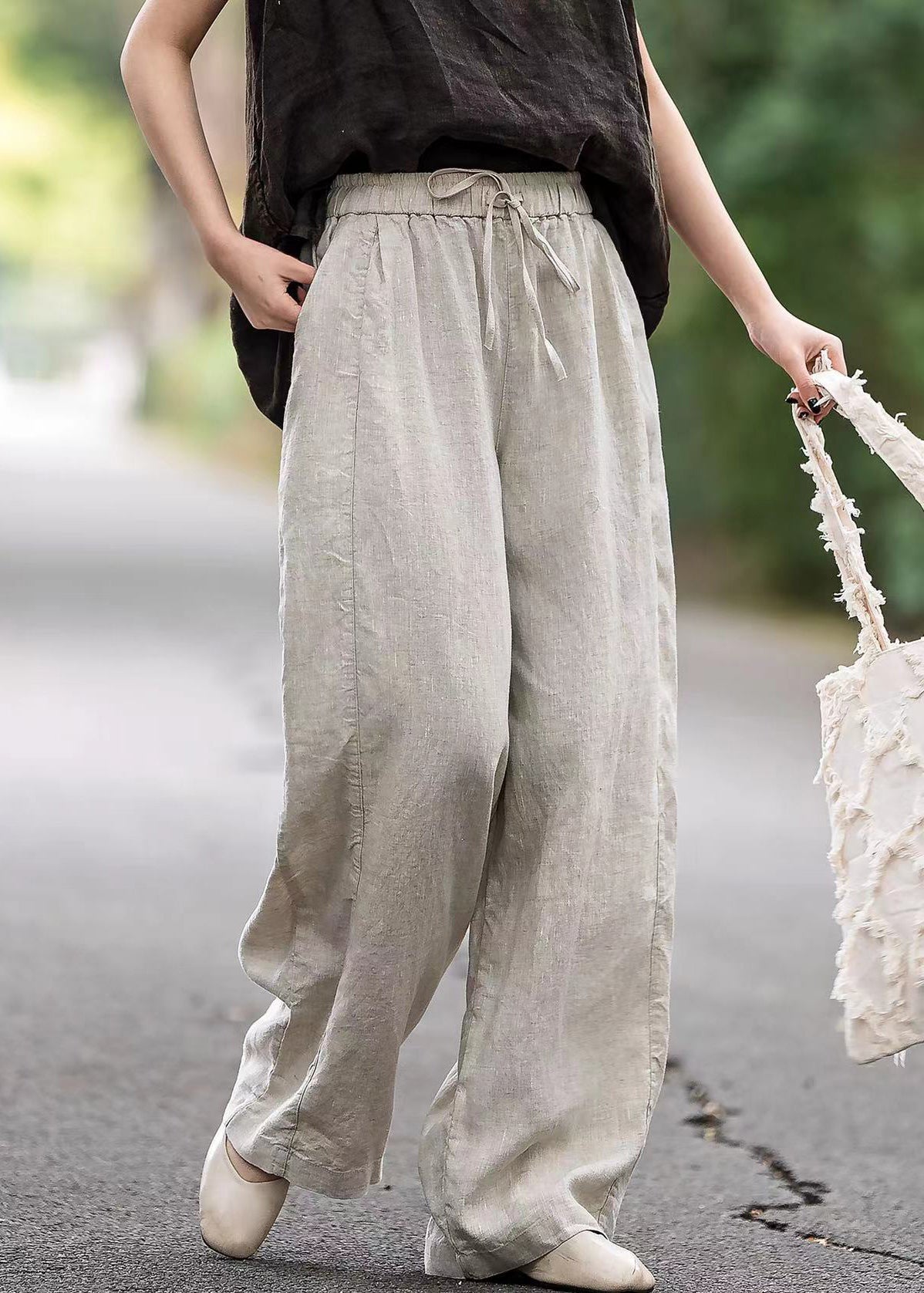 Pink Solid Linen Summer Straight Pants Elastic Waist