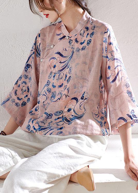 Pink Stand Collar Print Button Summer Ramie Top - SooLinen