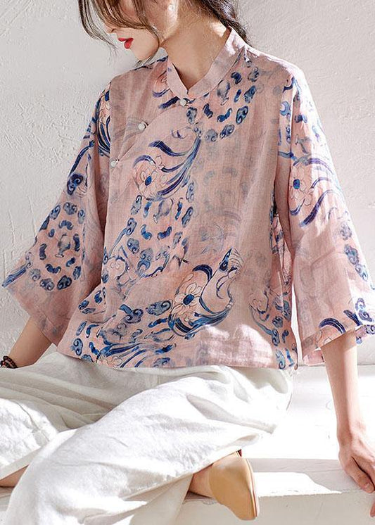 Pink Stand Collar Print Button Summer Ramie Top - SooLinen