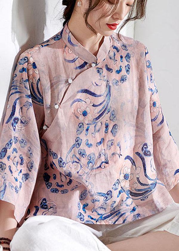Pink Stand Collar Print Button Summer Ramie Top - SooLinen