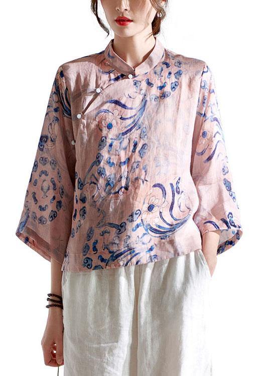 Pink Stand Collar Print Button Summer Ramie Top - SooLinen