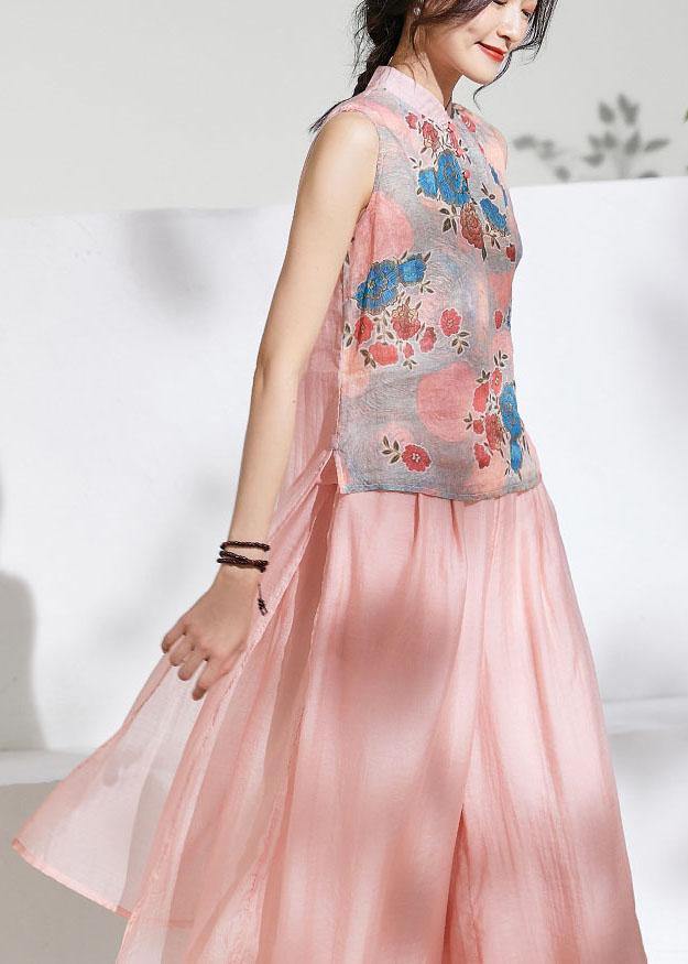 Pink Stand Collar Print Summer Ramie Sleeveless Shirts - SooLinen