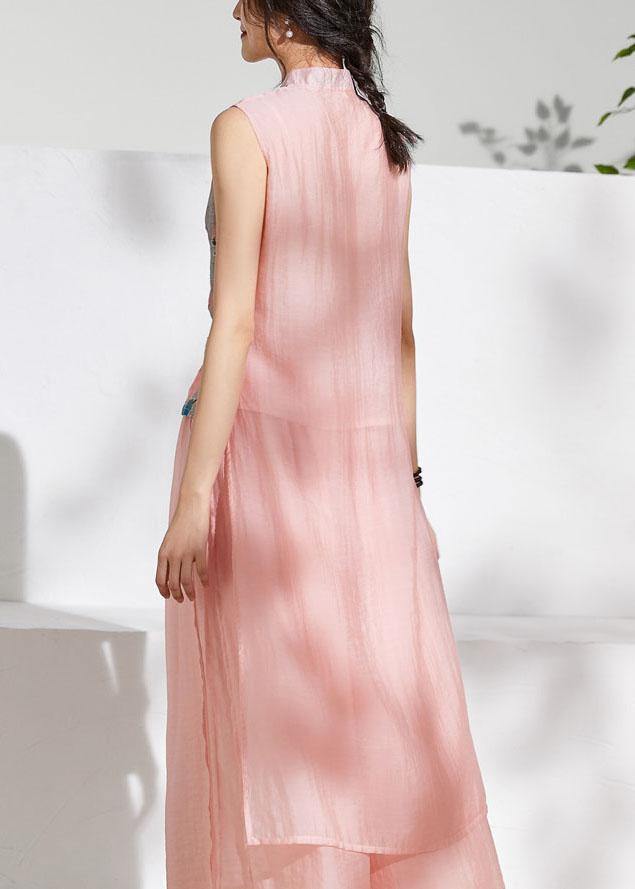 Pink Stand Collar Print Summer Ramie Sleeveless Shirts - SooLinen