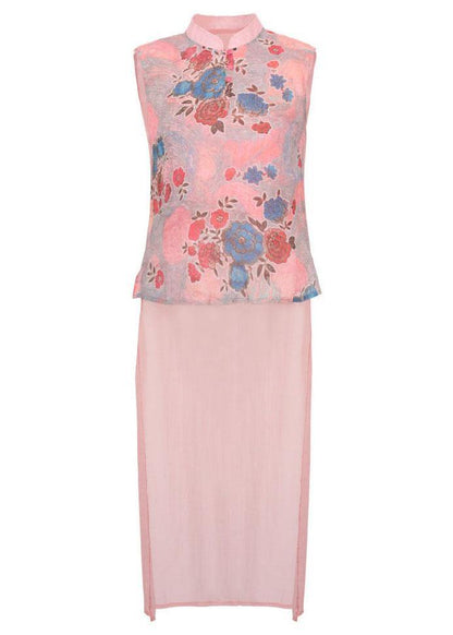 Pink Stand Collar Print Summer Ramie Sleeveless Shirts - SooLinen