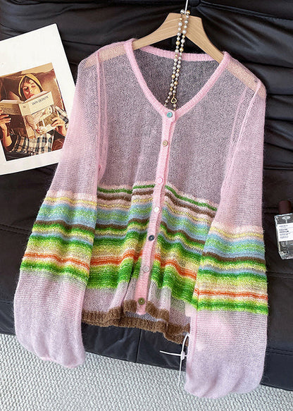 Pink Striped Button Knit Cardigans V Neck Lantern Sleeve