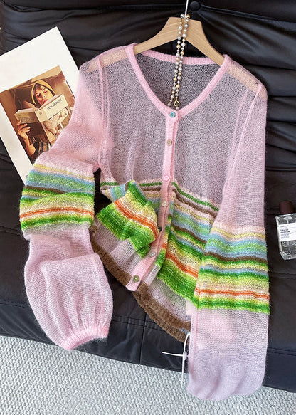 Pink Striped Button Knit Cardigans V Neck Lantern Sleeve