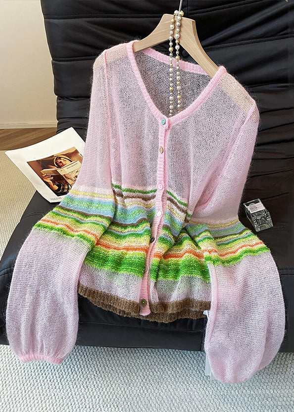 Pink Striped Button Knit Cardigans V Neck Lantern Sleeve