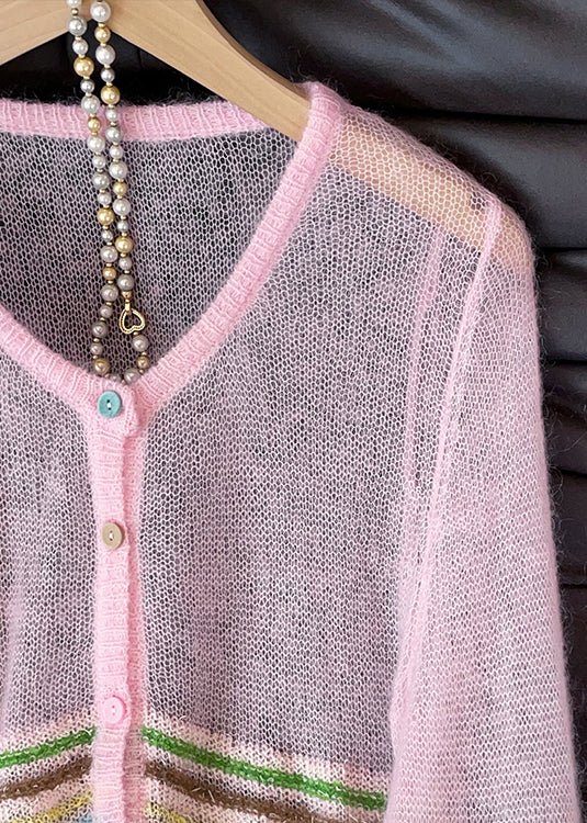 Pink Striped Button Knit Cardigans V Neck Lantern Sleeve