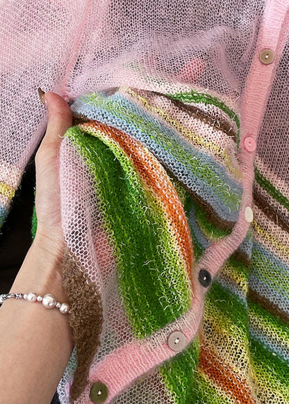 Pink Striped Button Knit Cardigans V Neck Lantern Sleeve