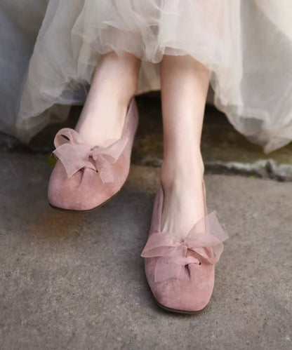 Pink Suede Comfy Splicing Bow Flat Feet Shoes