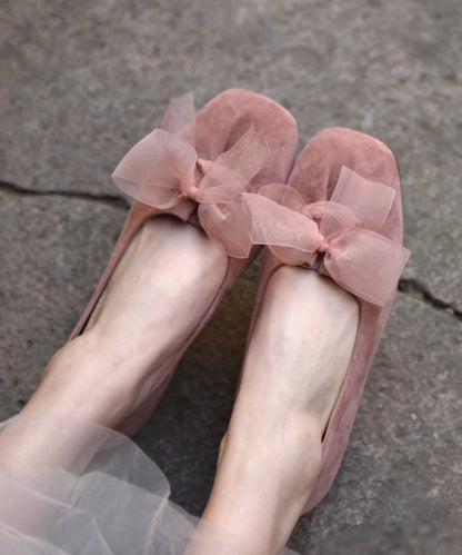Pink Suede Comfy Splicing Bow Flat Feet Shoes