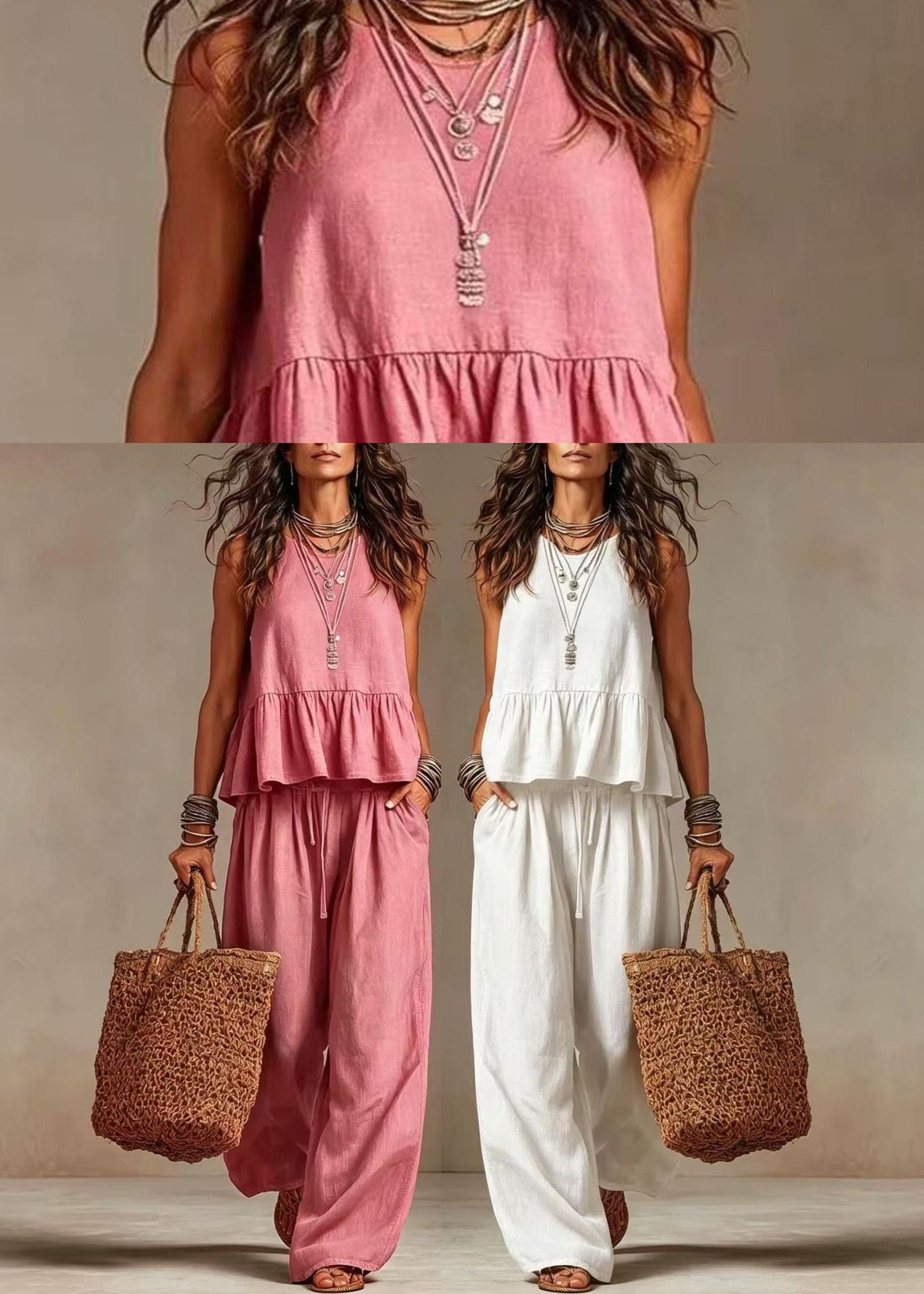 Pink Two Pieces Set O-Neck Pockets Drawstring Sleeveless