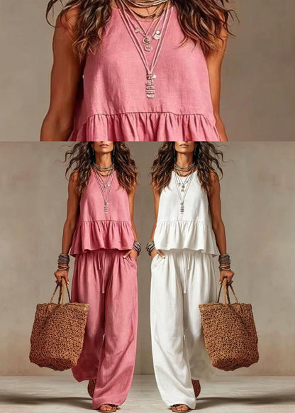 Pink Two Pieces Set O-Neck Pockets Drawstring Sleeveless