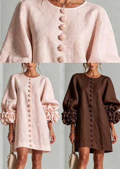 Pink Vacation Dress O-Neck Stereoscopic Floral Button Lantern Sleeve