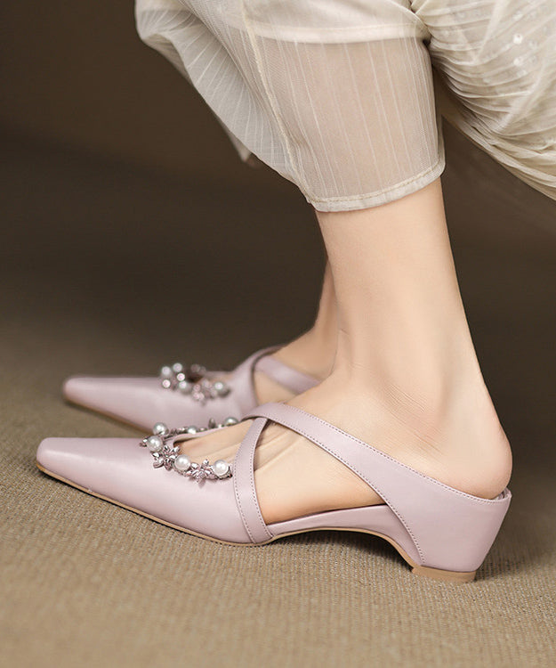 Pink Wedge Sheepskin Elegant Splicing Slide Sandals Zircon Nail Bead